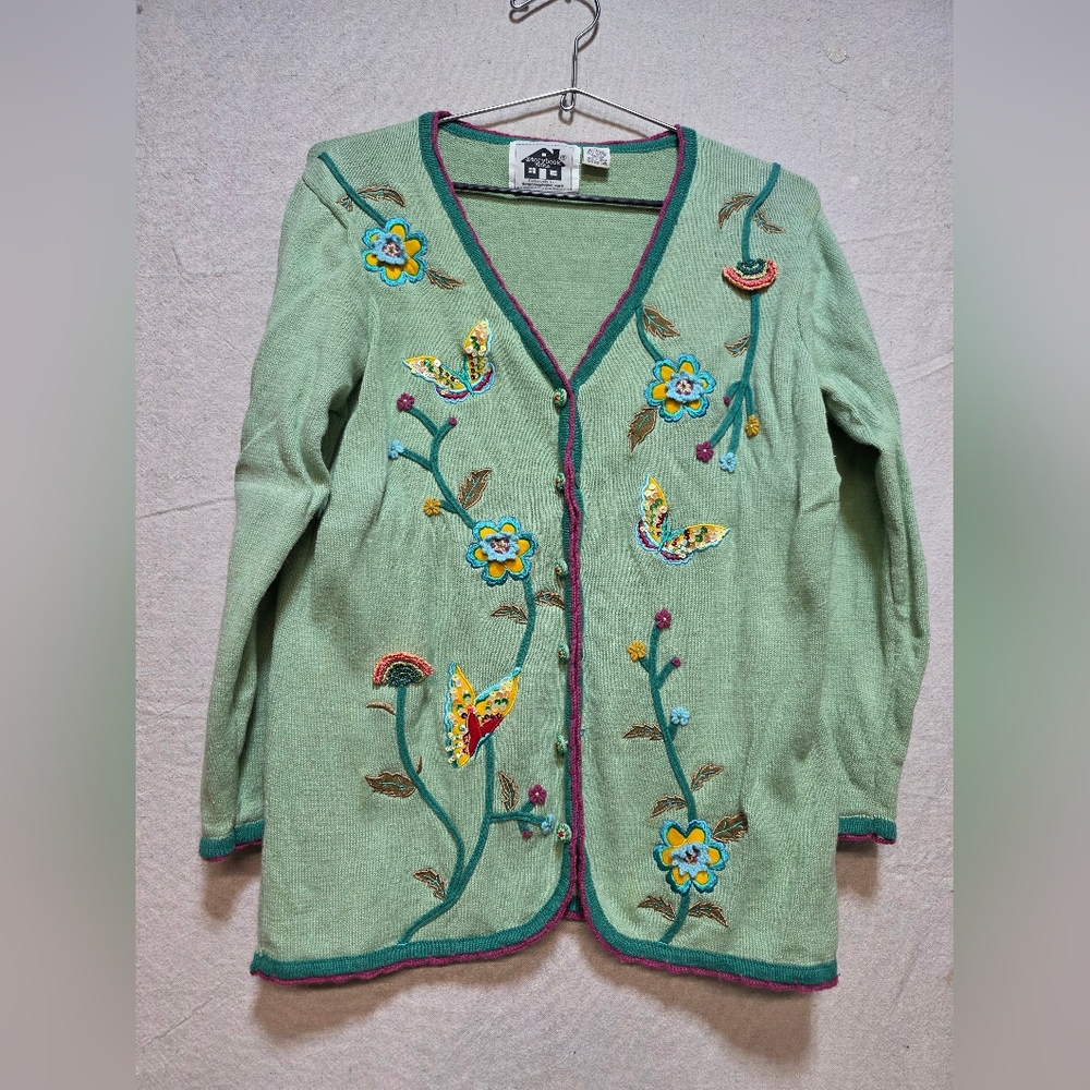 Vintage Storybook Knits Cardigan Sweater, Light Green, Butterfly Flower Embroide